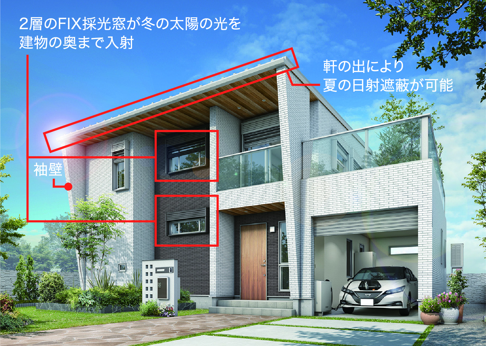 2階のFIX採光窓が冬の太陽の光を建物の奥まで入射